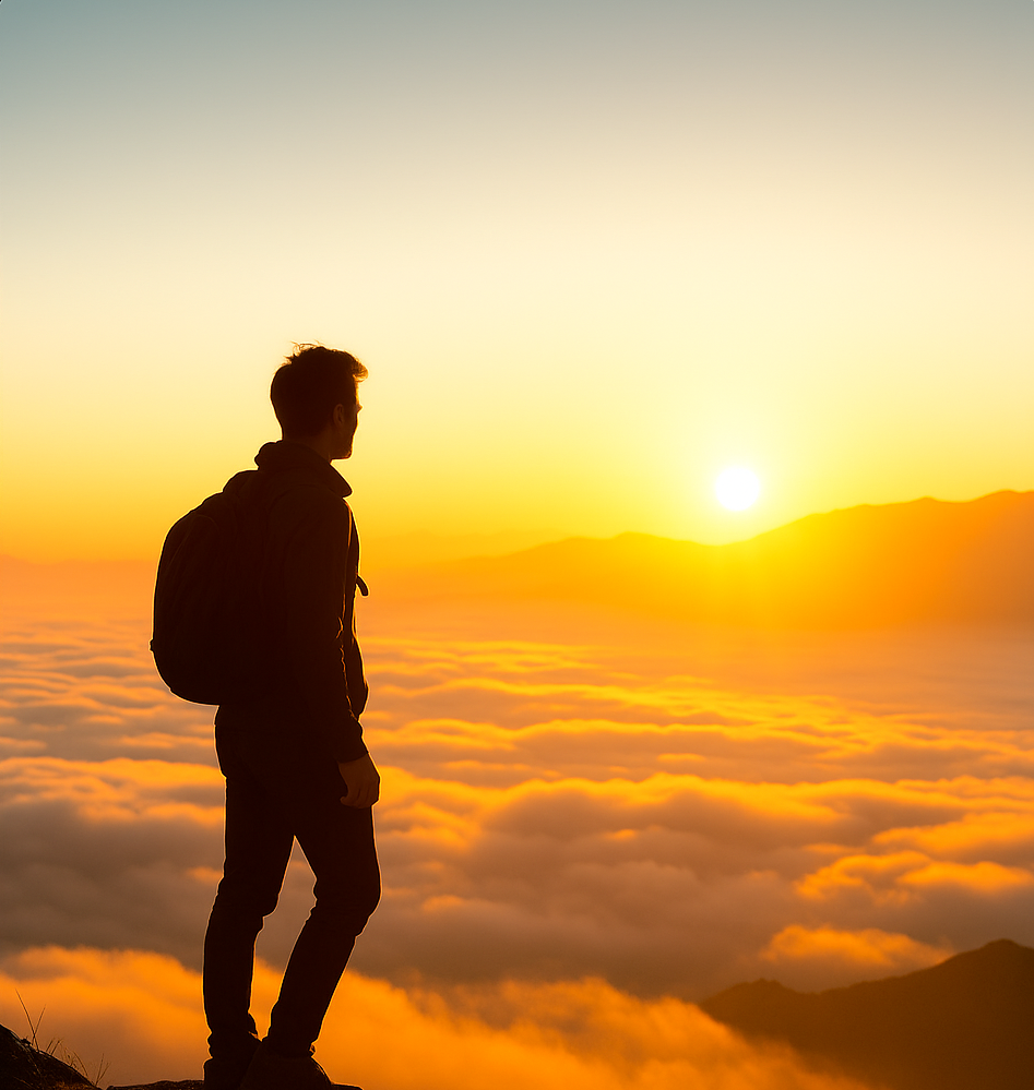 Hombre en montaña, en un atardecer sobre las nubes